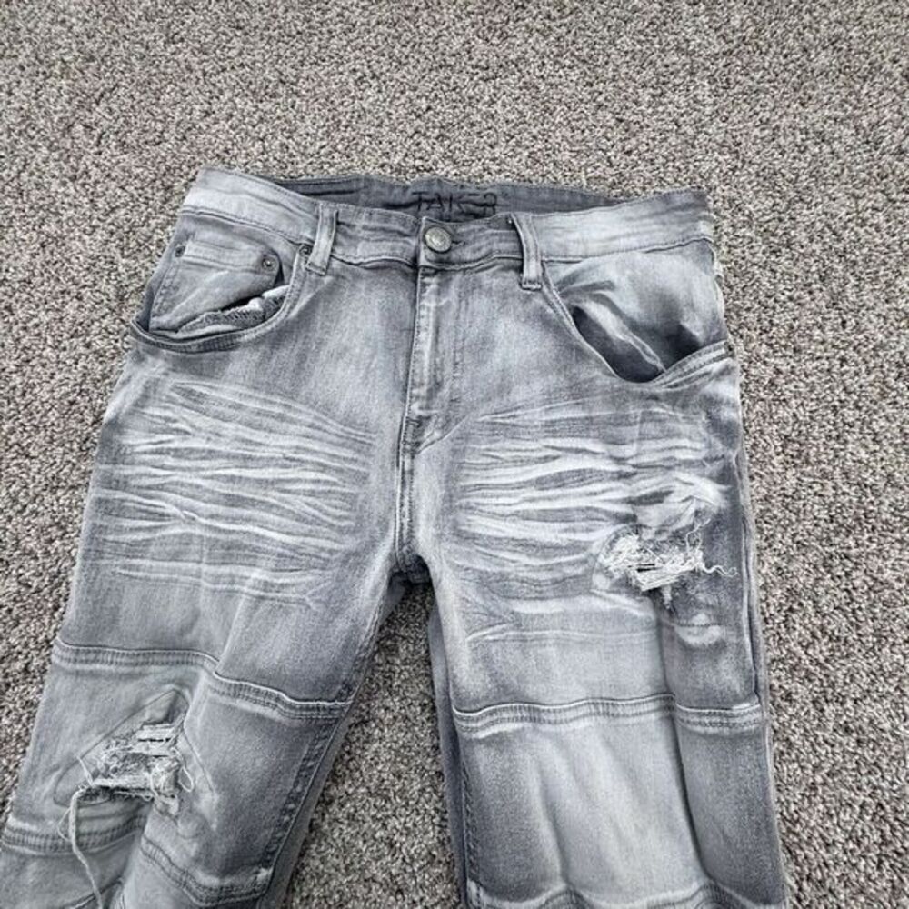 TAKER‎ PREMIUM STACK JEANS WITH MULTIPLE CONTINUOUS RIP/REPAIR GRAY SIZE 32